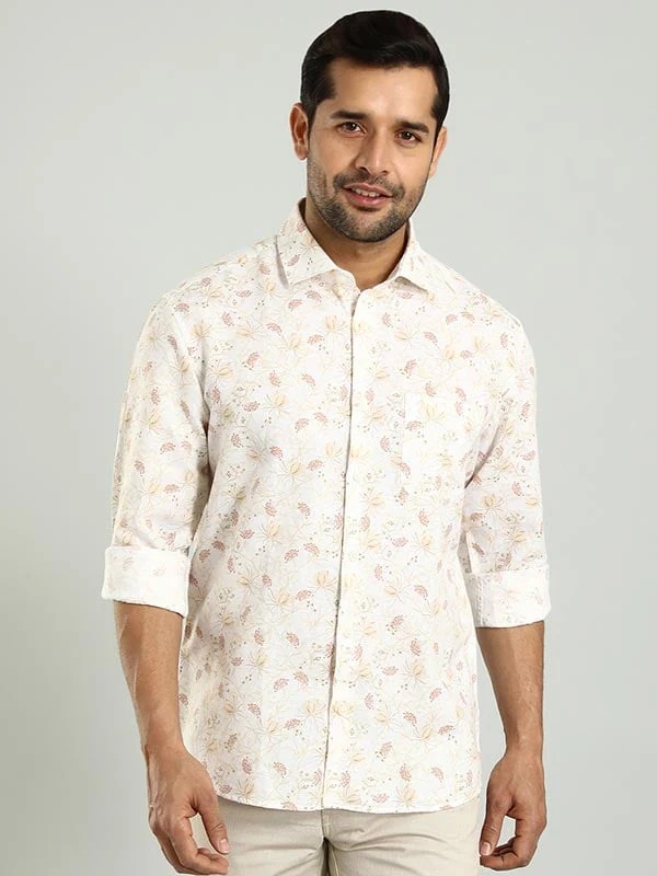 Indian Terrain Men's Slim Fit Full Sleeve All Over Print Off White Shirt